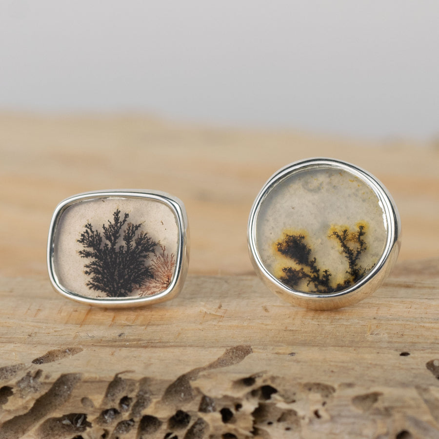 No.337 - Silver Dendritic Agate Mismatched Stud Earrings