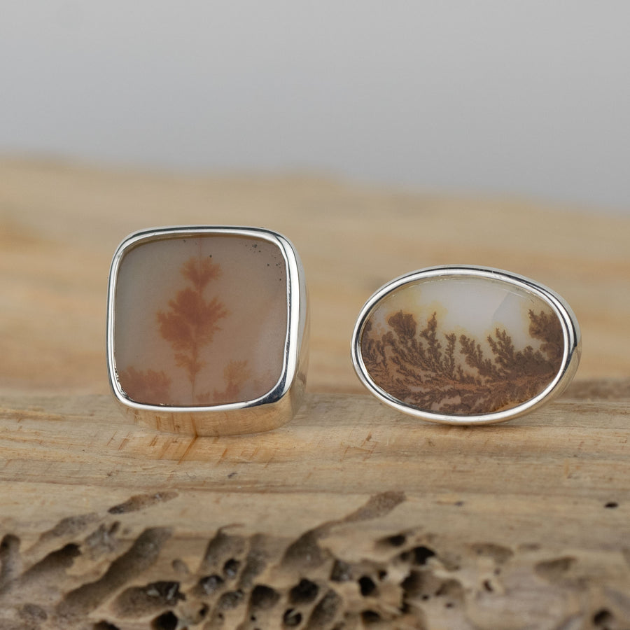 No.339 - Silver Dendritic Agate Mismatched Stud Earrings
