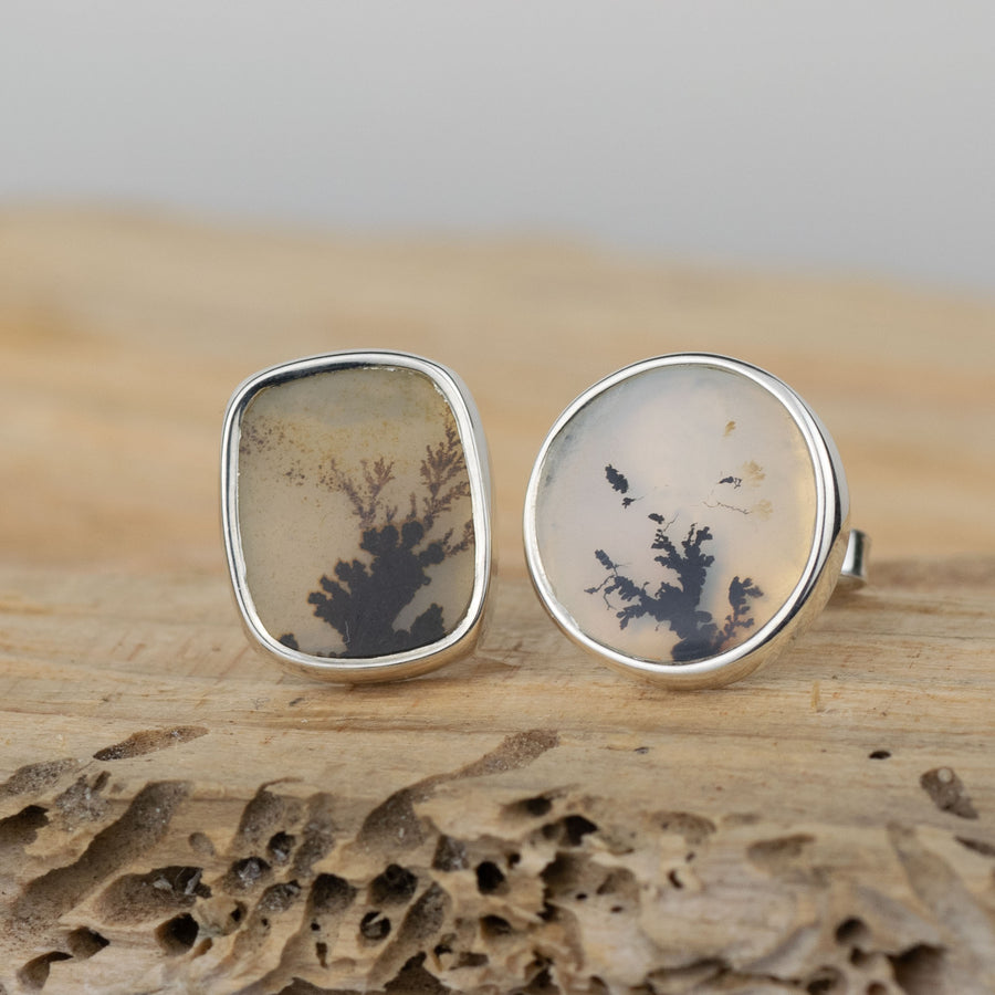 No.377 - Silver Dendritic Agate Mismatched Stud Earrings