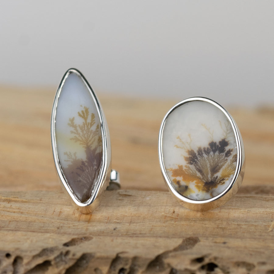 No.369 - Silver Dendritic Agate Mismatched Stud Earrings