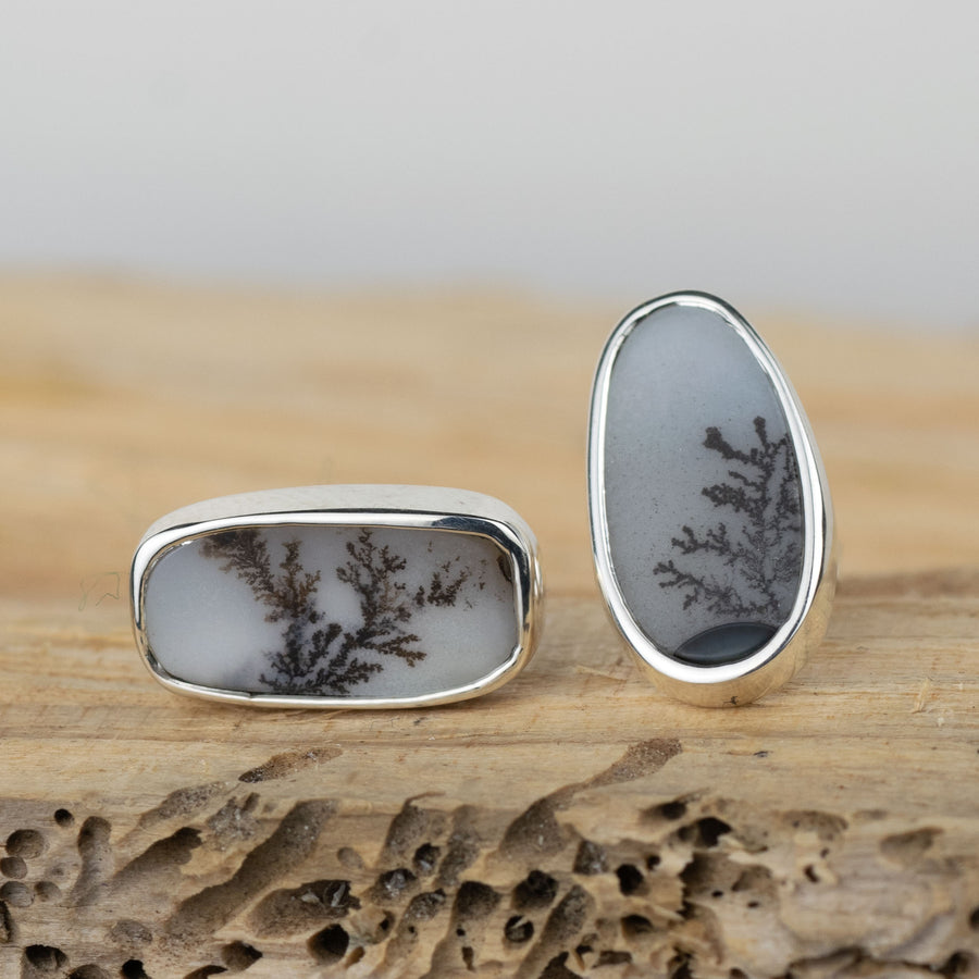 No.343 - Silver Dendritic Agate Mismatched Stud Earrings