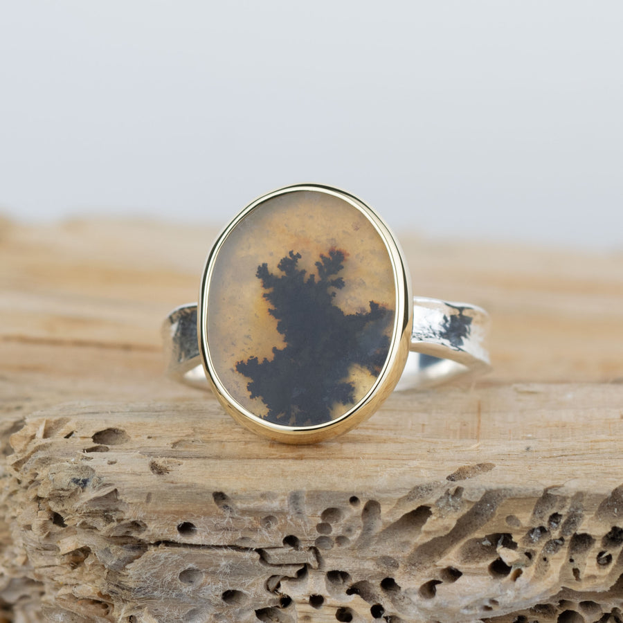 No. 684 - Silver and Solid Gold Dendritic Agate Ring - Size S