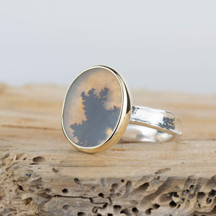 No. 684 - Silver and Solid Gold Dendritic Agate Ring - Size S