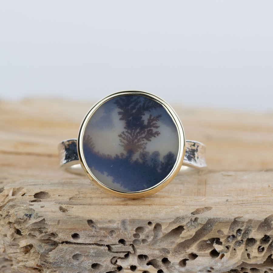 No. 683 - Silver and Solid Gold Dendritic Agate Ring - Size T