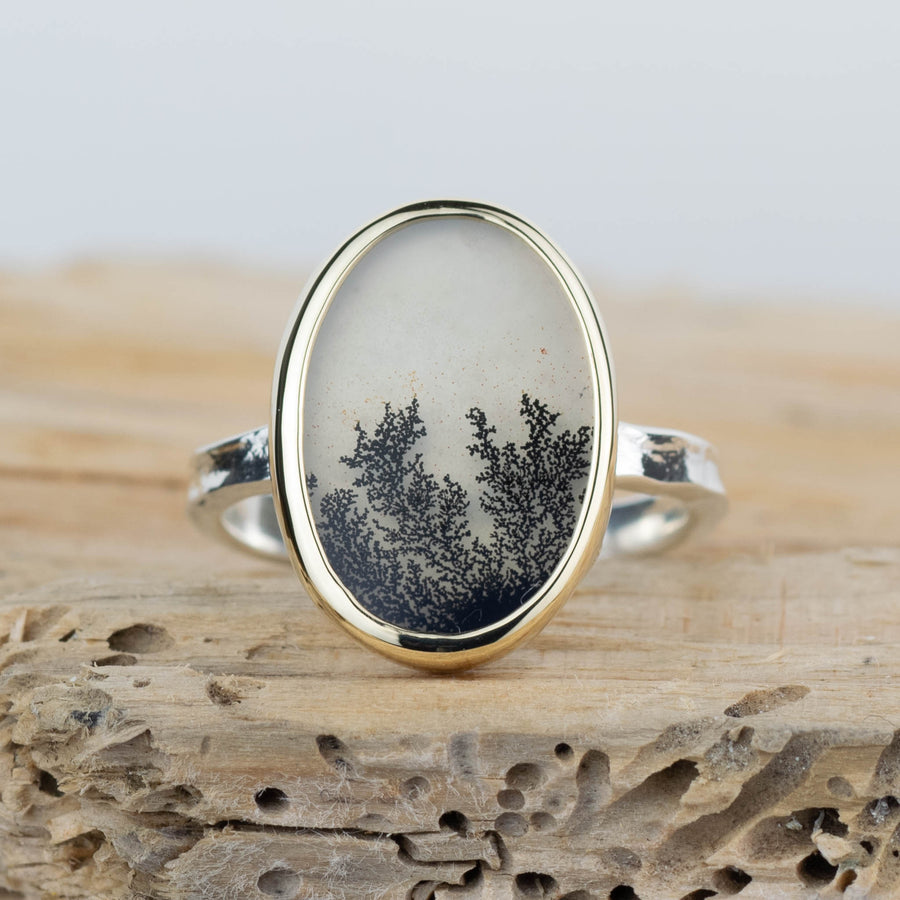 No. 685 - Silver and Solid Gold Dendritic Agate Ring - Size N