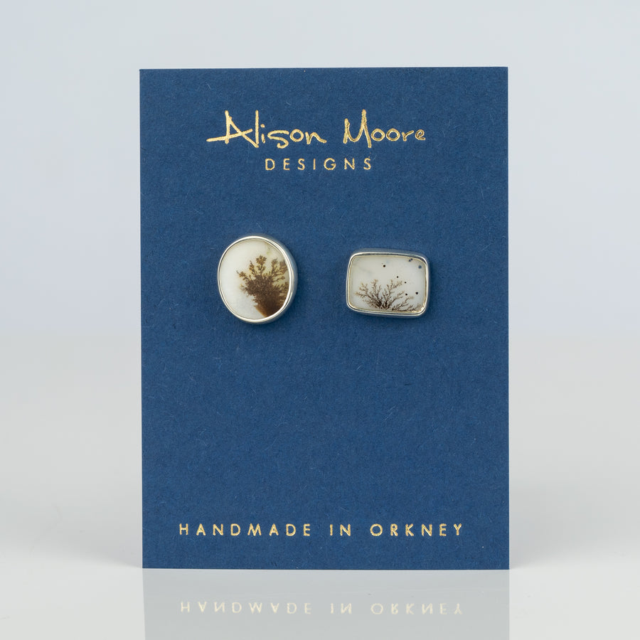 No.539 - Silver Dendritic Agate Mismatched Stud Earrings