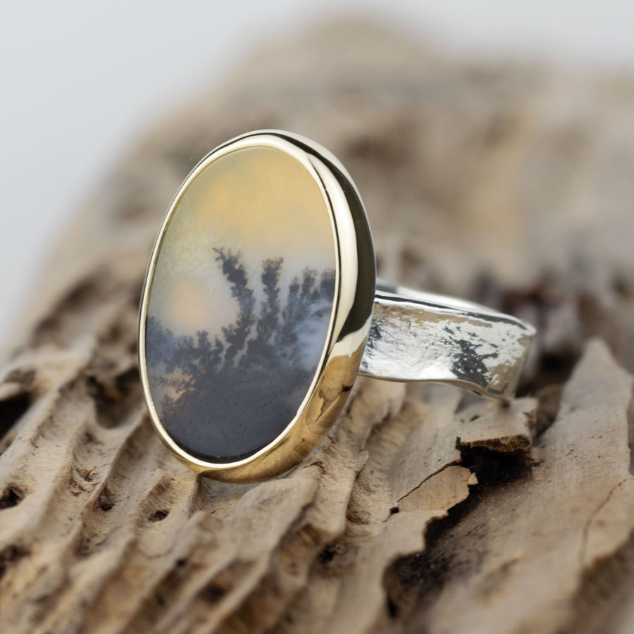 No. 688 - Silver and Solid Gold Dendritic Agate Ring - Size R