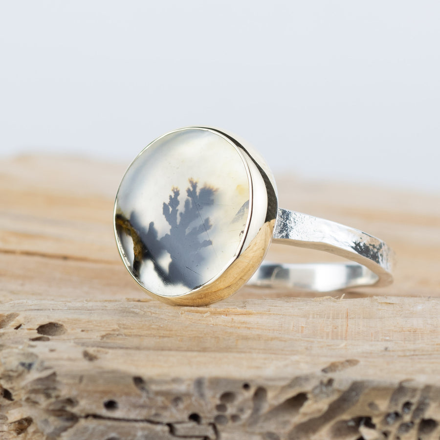 No. 689 - Silver and Solid Gold Dendritic Agate Ring - Size P