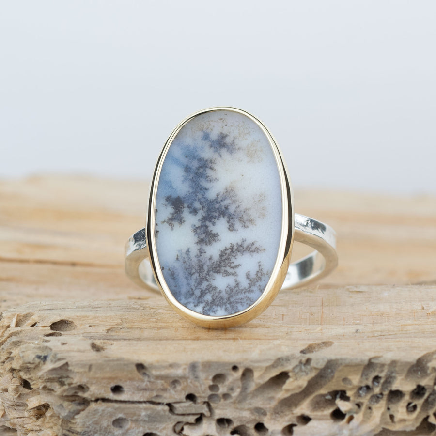 No. 690 - Silver and Solid Gold Dendritic Agate Ring - Size M 1/2