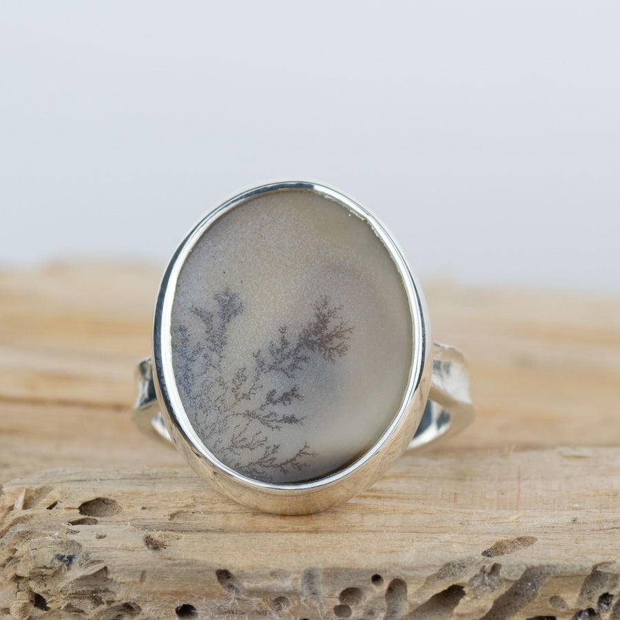 No. 691 - Silver Dendritic Agate Oval Ring - Size M