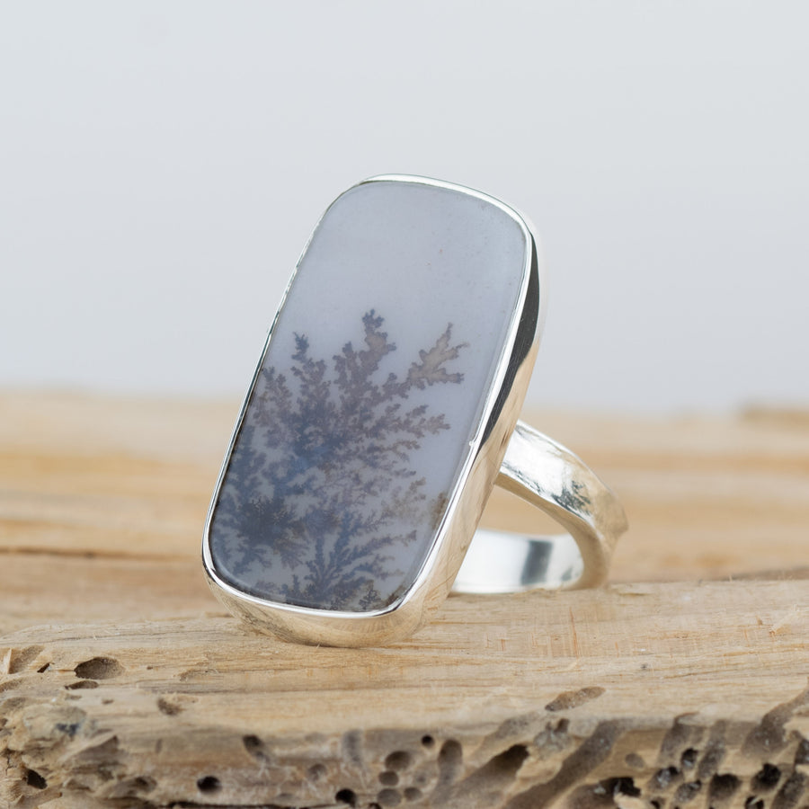 No. 692 - Silver Dendritic Agate Oval Ring - Size O