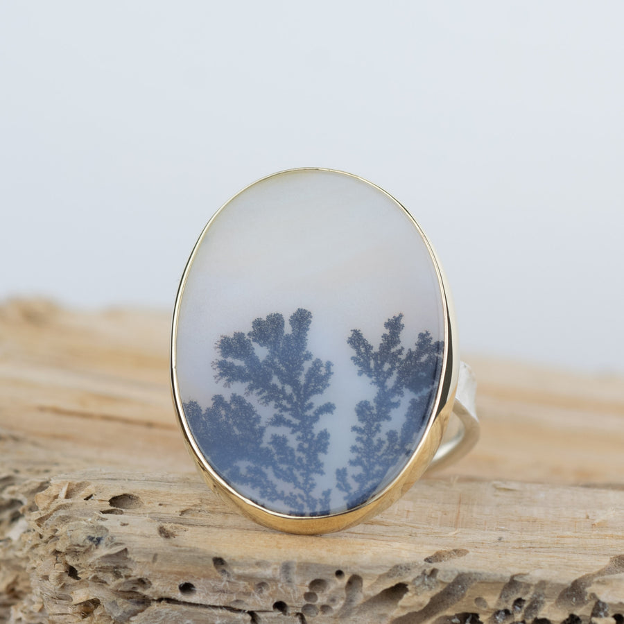 No. 706 - Silver and Solid Gold Dendritic Agate Ring - Size S