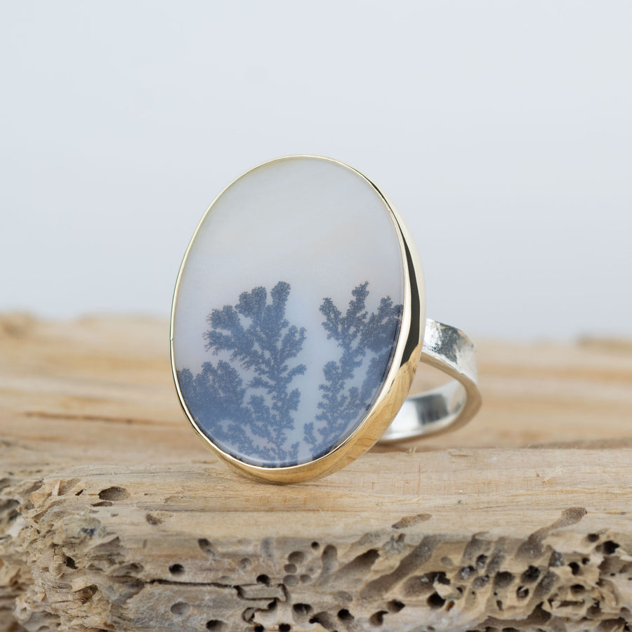 No. 706 - Silver and Solid Gold Dendritic Agate Ring - Size S