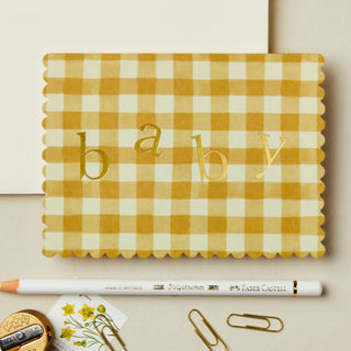 Mustard Gingham 'Baby' Greetings Card