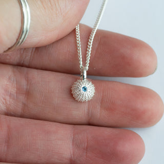 Tiny Aquamarine Silver Sea Urchin Pendant