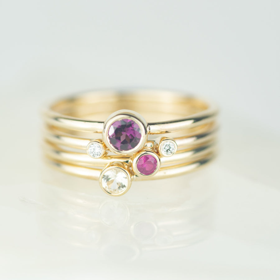 Cassiopeia - Rhodolite Garnet, Ruby, White Sapphire and Diamond Gold Stacking Ring Set