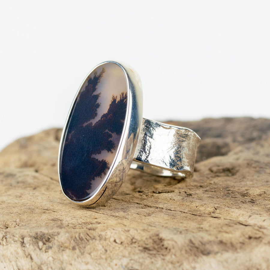 No. 264 - Silver Oval Dendritic Agate Ring - Size P