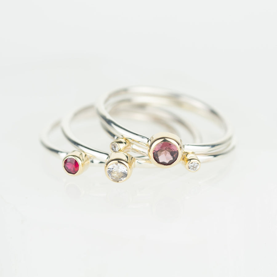 Cassiopeia - Rhodolite Garnet, Ruby, White Sapphire and Diamond Silver and Gold Stacking Ring Set