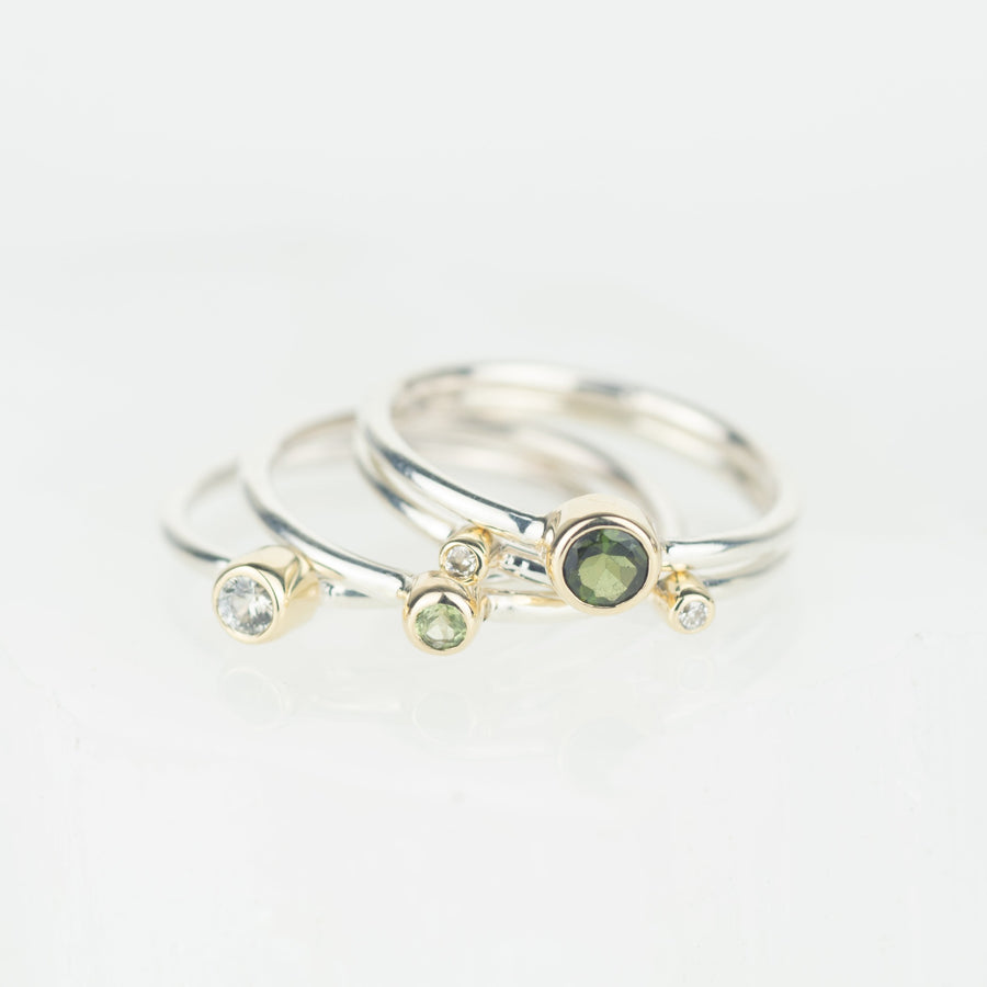 Hydrus - Green Tourmaline, Peridot, White Sapphire and Diamond Silver and Gold Stacking Ring Set