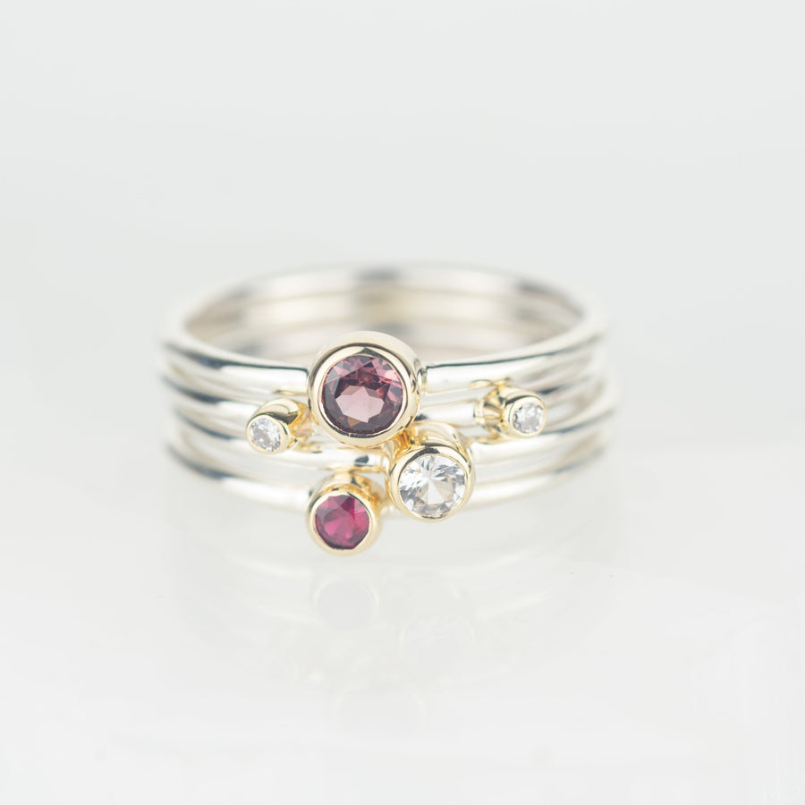 Cassiopeia - Rhodolite Garnet, Ruby, White Sapphire and Diamond Silver and Gold Stacking Ring Set