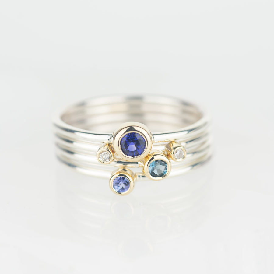 Aquarius - Sapphire, Diamond, Blue Topaz Silver and Gold Stacking Ring Set