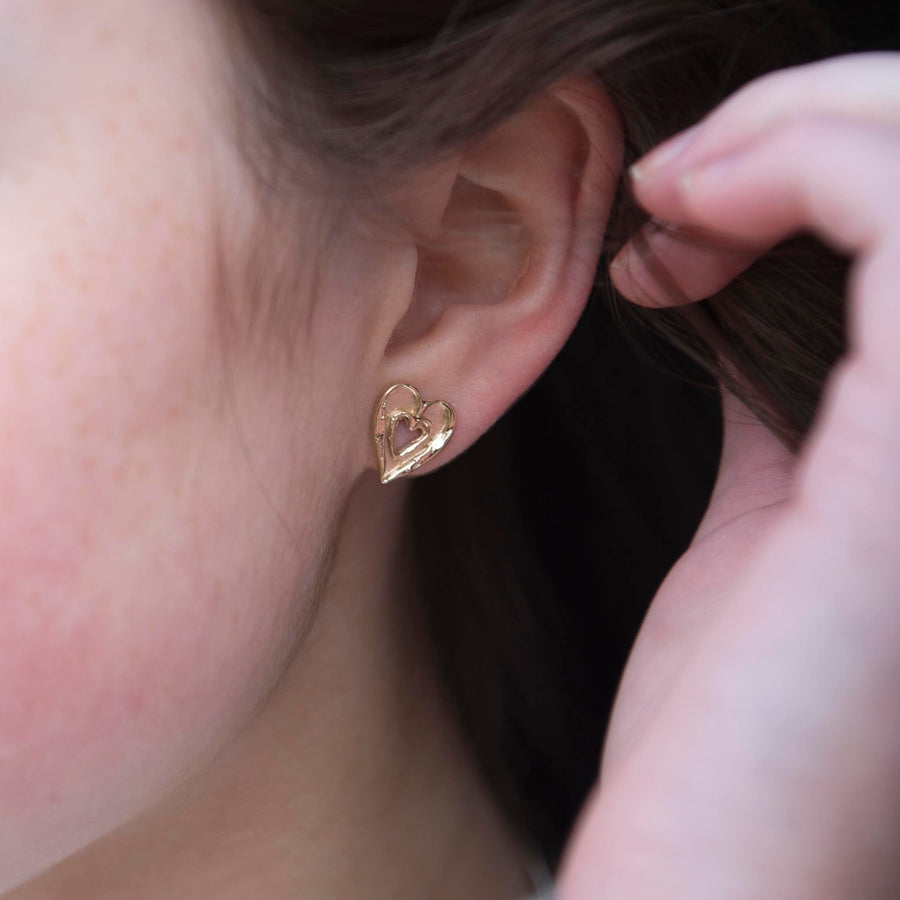 Gold Double Heart Studs
