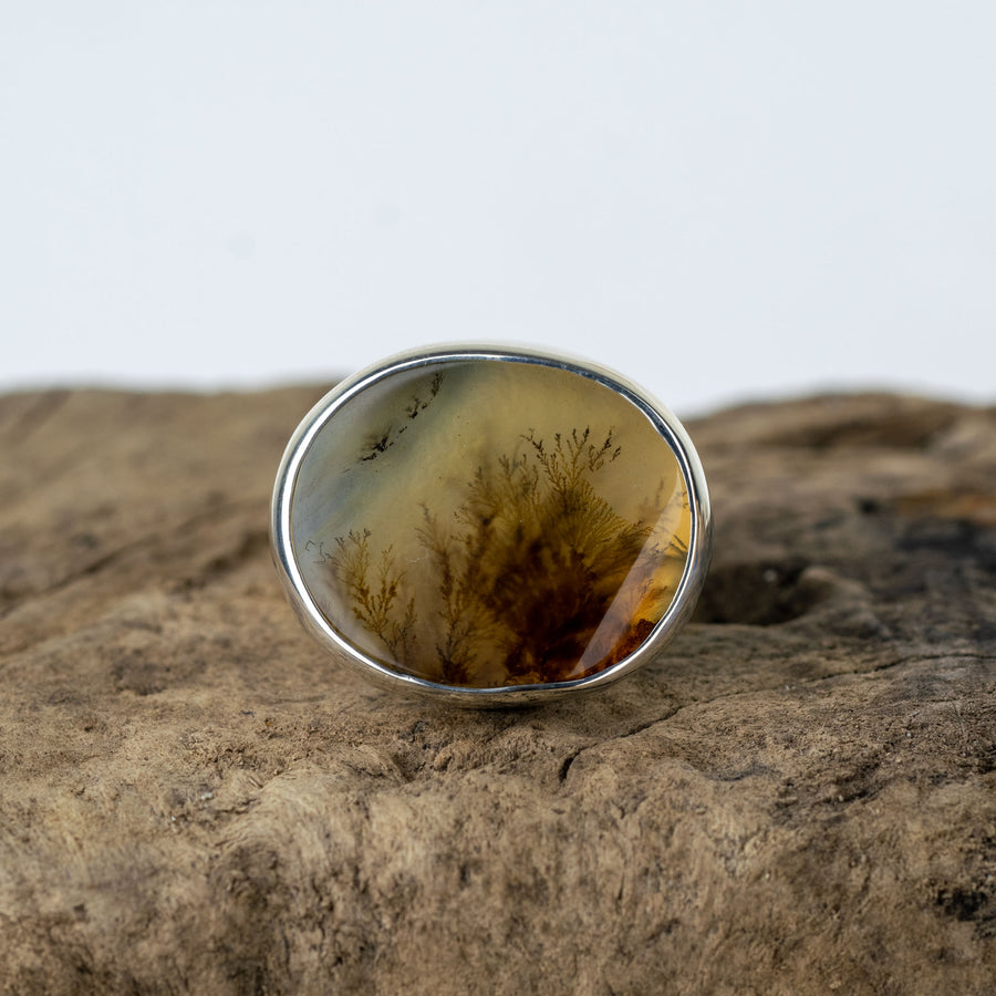 No. 135 - Silver Dendritic Agate Oval Ring - Size N