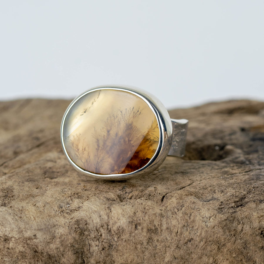 No. 135 - Silver Dendritic Agate Oval Ring - Size N