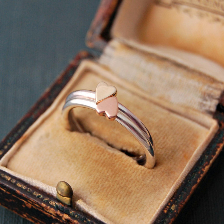 Two Lunar Silver And Gold Heart Rings